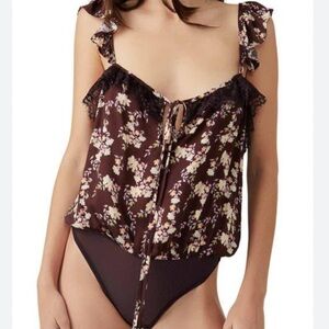 Free People Take it Away Merlot Ruffled Tie Front Bodysuit NWT